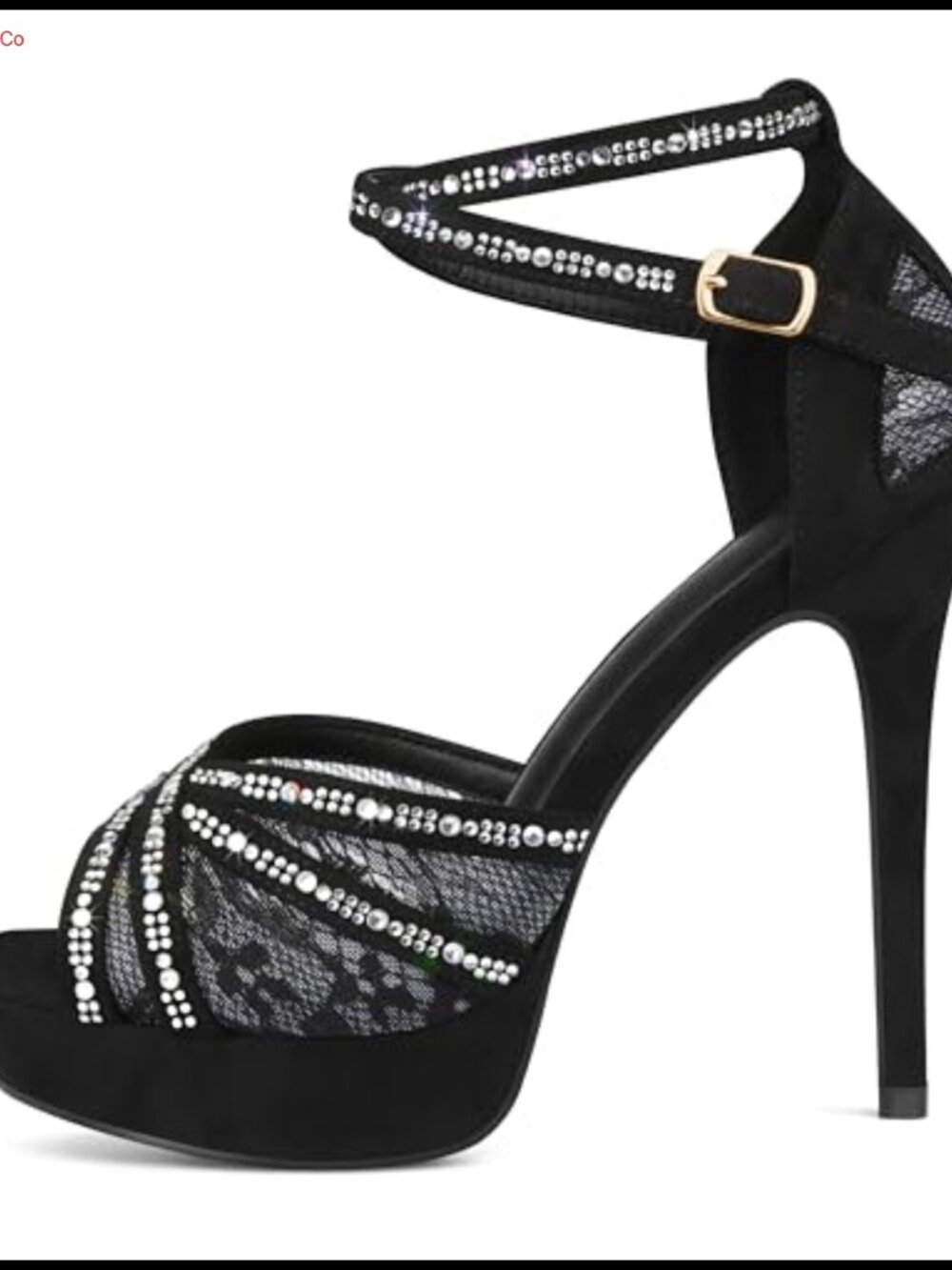 Platform Peep Toe Stiletto Heels Faux Suede Rhinestone Ankle Strap Pumps